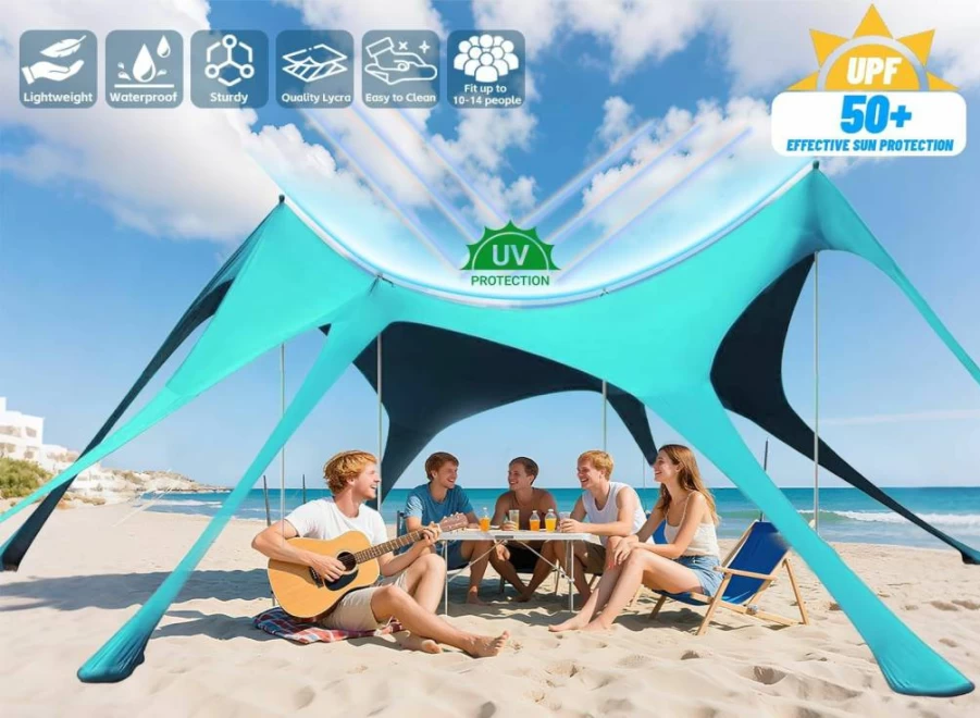 Vilupvie 20x13FT UPF50+ Beach Tent Sun Shelter with Sandbags & Stability Poles, Portable Sunshade Canopy for Camping, Fishing, Picnics, Backyard – Turquoise