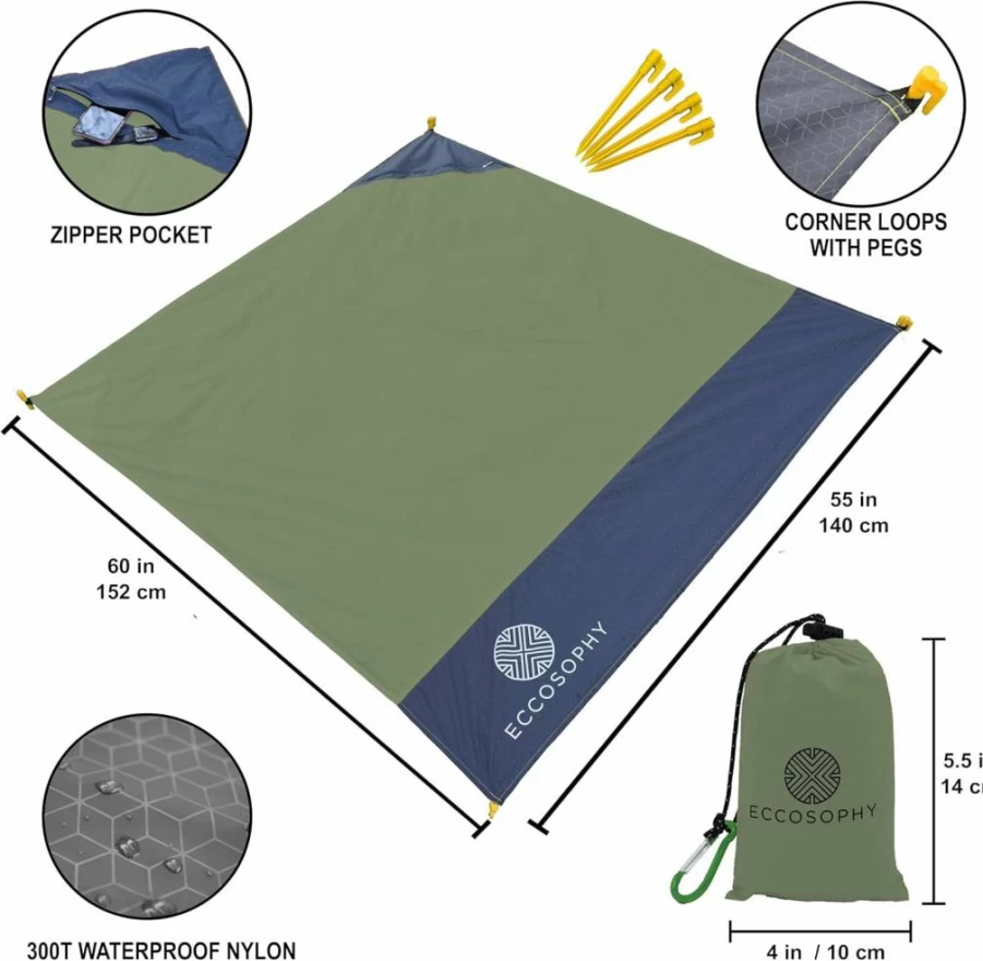 ECCOSOPHY 60x55 Inch Waterproof Sandproof Lightweight Beach Blanket - Compact Travel Blanket for Picnic, Camping, Outdoor Activities