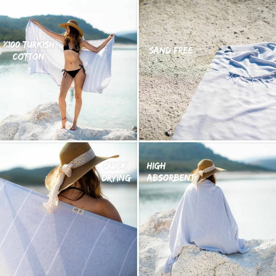 RAY SILVER Turkish Cotton Beach Towel 40x71 Inches - Quick Dry, Sand Free, Lightweight Oversized Towel for Travel, Pool, Gym, Yoga, Camping, and Sauna