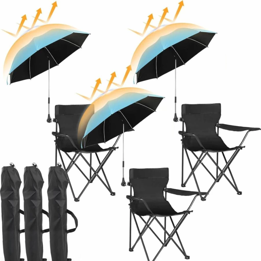 Burbell 3-Pack Folding Beach Chairs with Adjustable UV Protection Umbrellas, Low Profile Camping Chairs with Cup Holders & 360-Degree Clamp for Pool, Sand, Outdoor Use