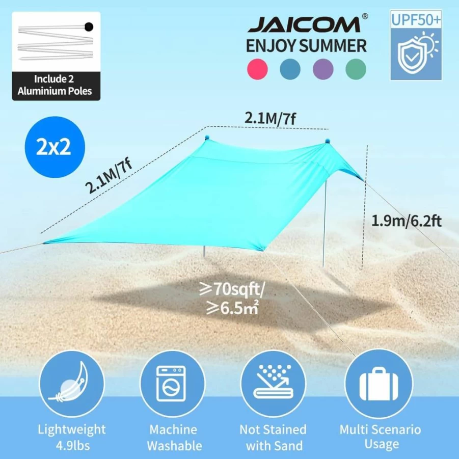 JAICOM 10ft Beach Tent with UPF50+ UV Protection, Portable Sun Shelter for Camping, Fishing & Backyard - Includes Sandbags, Stakes & Aluminum Poles
