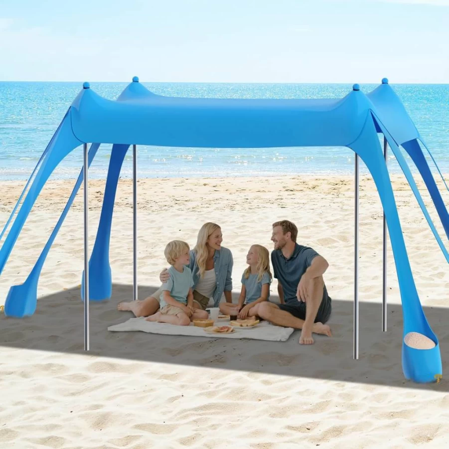 FAHKNS 10x10FT Beach Tent with UPF50+ Sun Protection, Includes 8 Sandbags, Sand Shovel, Ground Spikes & Stabilizer Poles for Camping, Fishing, Picnics (Blue)
