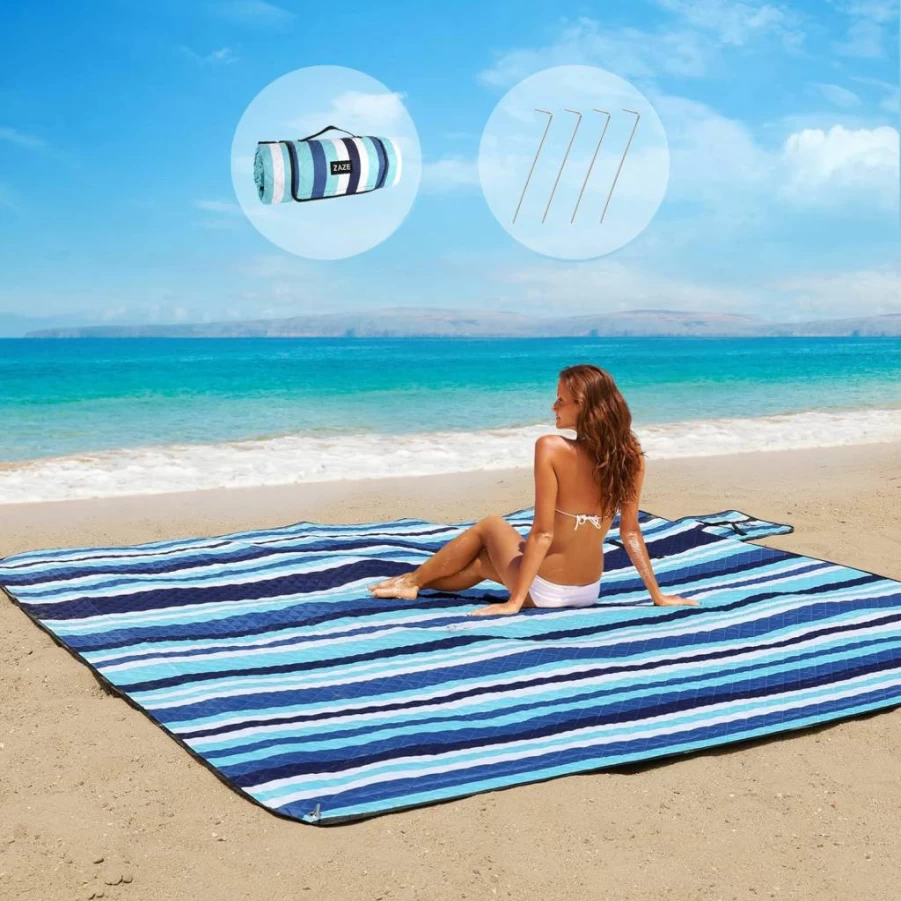 ZAZE Extra Large 80"x80" Waterproof Sandproof Picnic Blanket - 3-Layer Thick Portable Beach Mat for Camping, Park, Travel - Machine Washable Foldable Outdoor Blanket (Blue White Stripe)