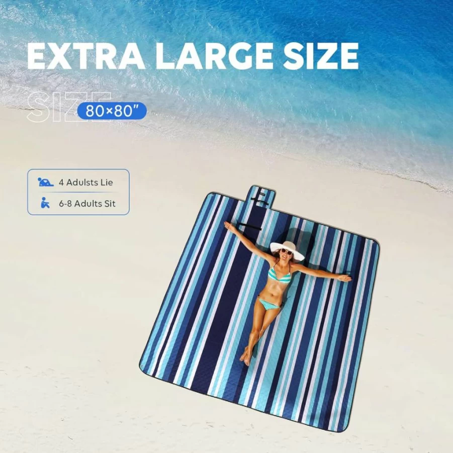 ZAZE Extra Large 80"x80" Waterproof Sandproof Picnic Blanket - 3-Layer Thick Portable Beach Mat for Camping, Park, Travel - Machine Washable Foldable Outdoor Blanket (Blue White Stripe)
