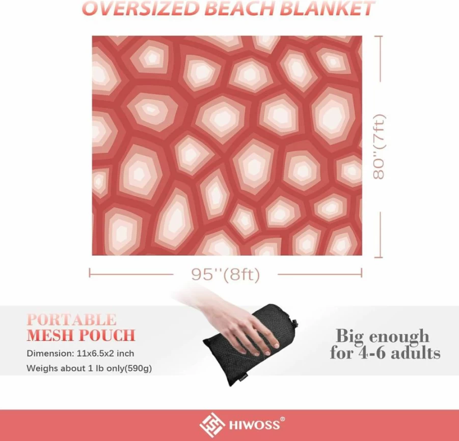Hiwoss Waterproof Sandproof Beach Blanket 95"x80" Oversized with Corner Pockets, Portable Sand-Free Beach Mat for Travel, Camping & Outdoor Activities, Includes Mesh Carry Bag