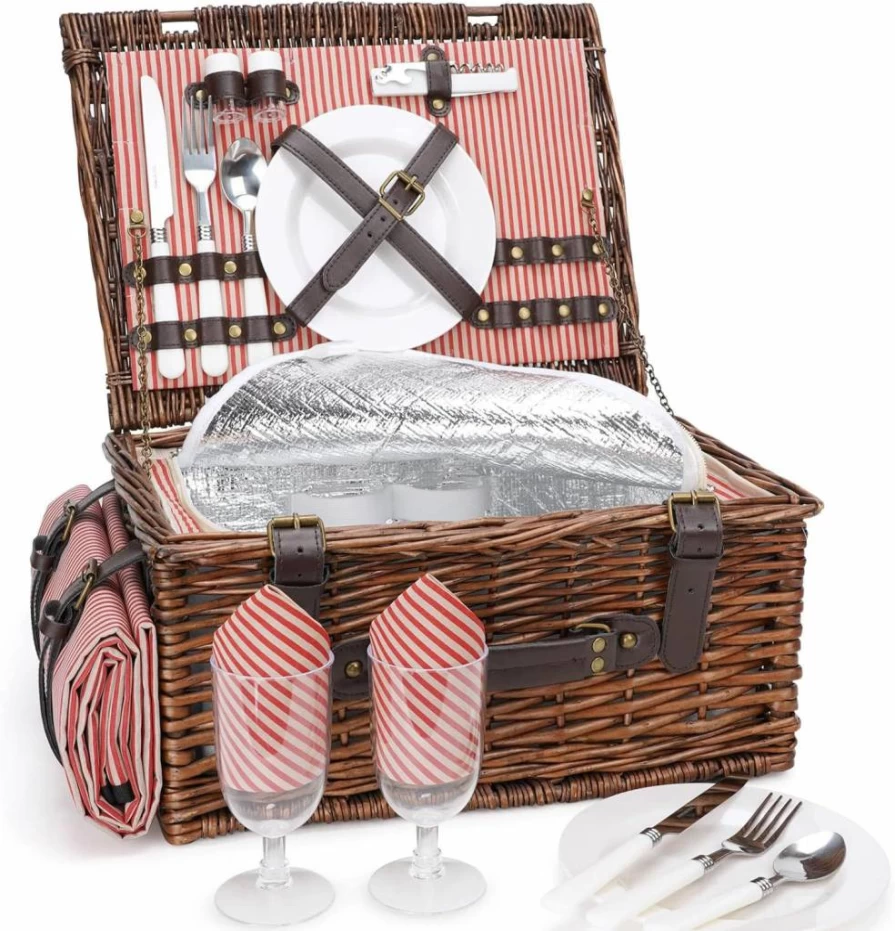 INNO STAGE Premium Wicker Picnic Basket for 2 with Waterproof Blanket & Sand-Proof Beach Mat - Portable Willow Hamper Set for Camping, Outdoor Parties & Beach Picnics