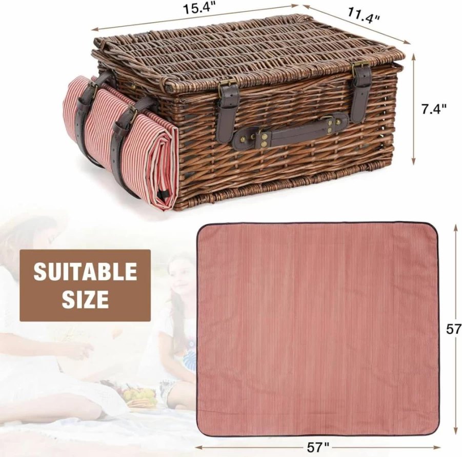 INNO STAGE Premium Wicker Picnic Basket for 2 with Waterproof Blanket & Sand-Proof Beach Mat - Portable Willow Hamper Set for Camping, Outdoor Parties & Beach Picnics