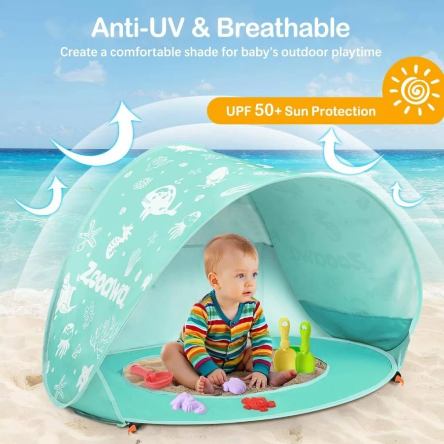 Zooawa Pop Up Baby Beach Tent with UV Protection & Sand Toys Set - Portable Sun Shelter for Infants, Pool, and Outdoor Shade