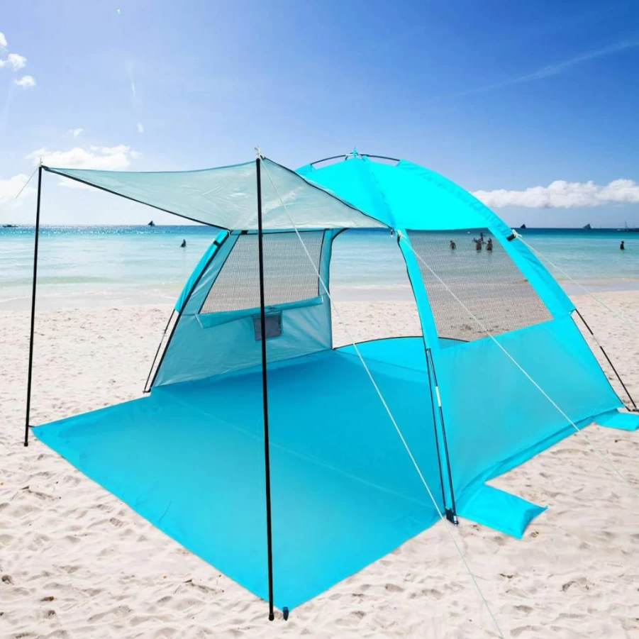 DLUCKY Beach Tent for 1-3 People, UPF 50+ Sun Shelter with Extendable Floor & Awning, Lightweight Portable Pop-Up Tent with Ventilation Windows, Easy Setup for Outdoor Shade