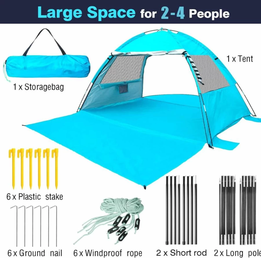 DLUCKY Beach Tent for 1-3 People, UPF 50+ Sun Shelter with Extendable Floor & Awning, Lightweight Portable Pop-Up Tent with Ventilation Windows, Easy Setup for Outdoor Shade
