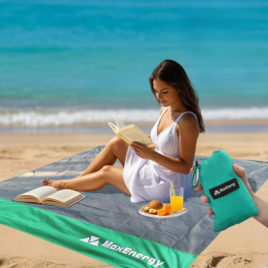 MaxEnergy Extra Large Sandproof & Waterproof Beach Blanket - 79x79 Inch Lightweight Travel Mat for Camping, Picnics, Hiking and Outdoor Activities