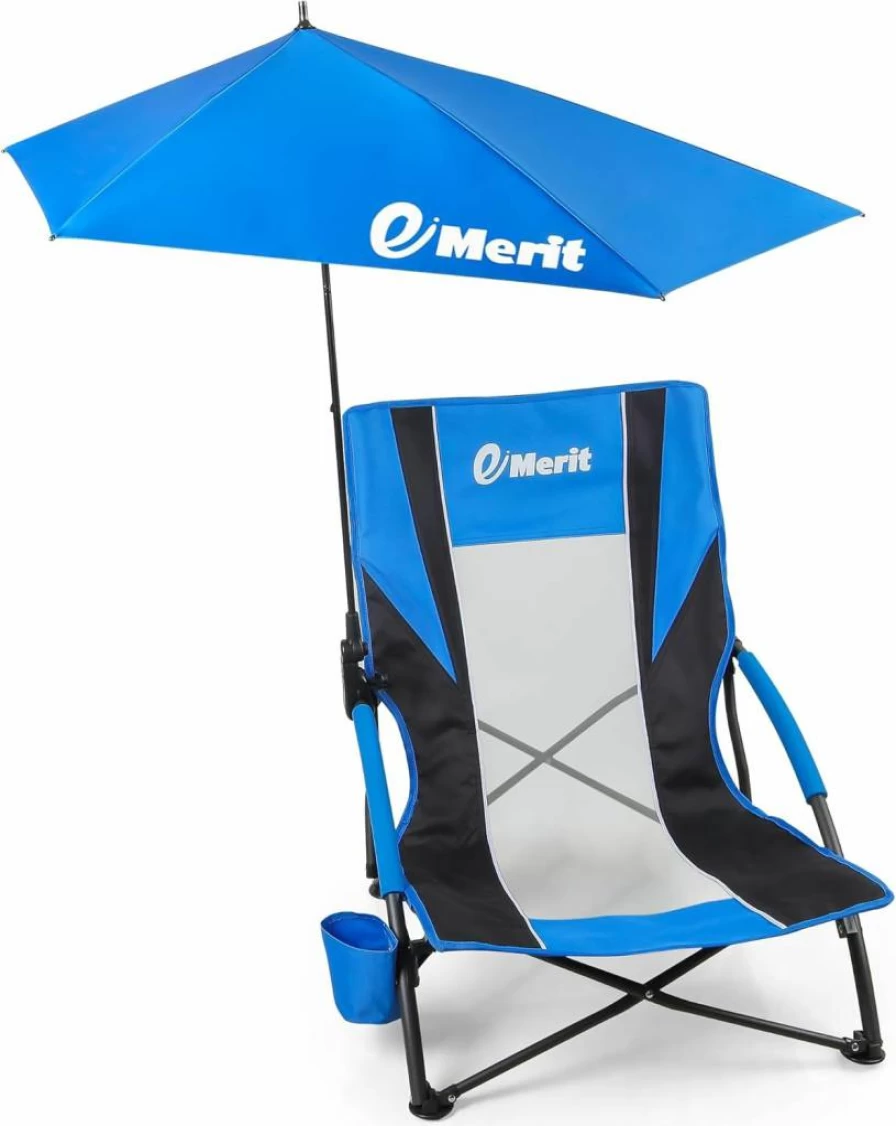 EMERIT Folding Beach Chair for Adults - Portable Backpack Camping Chair with Cup Holder and Adjustable Umbrella, Lightweight Low Sling Design for Outdoor, Travel, and Picnic