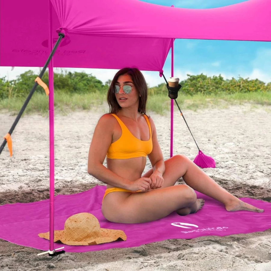 Red Suricata Family Beach Tent with UPF50 Sun Protection, Sand-Free Mat & 2 Cup Holders - Large Pink Beach Canopy Shelter for Outdoor