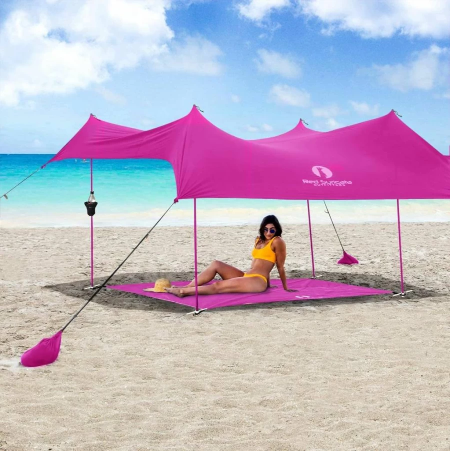 Red Suricata Family Beach Tent with UPF50 Sun Protection, Sand-Free Mat & 2 Cup Holders - Large Pink Beach Canopy Shelter for Outdoor
