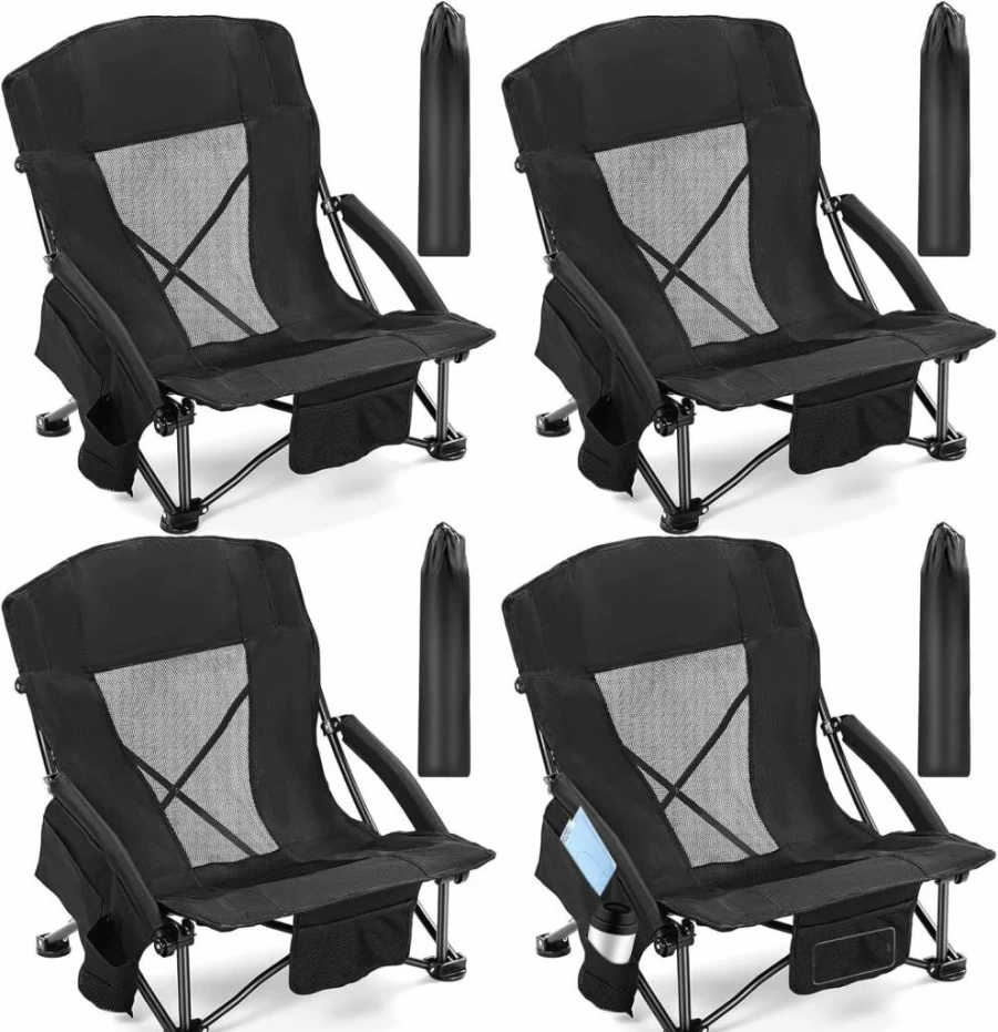 Menkxi 4 Pack Low Beach Chairs for Adults - Portable Folding Camping Chairs with Cup Holder, Mesh Back & Carry Bag - 300Lbs Capacity for Outdoor, Picnic, Travel, Lawn & Sand Use