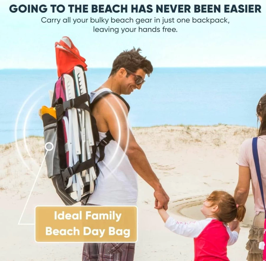 Mochaise Large Beach Chair Backpack - Durable Folding Chair Carrying Bag Holds 2 Chairs, Umbrella, Towels & Beach Accessories - Portable Family Beach Gear