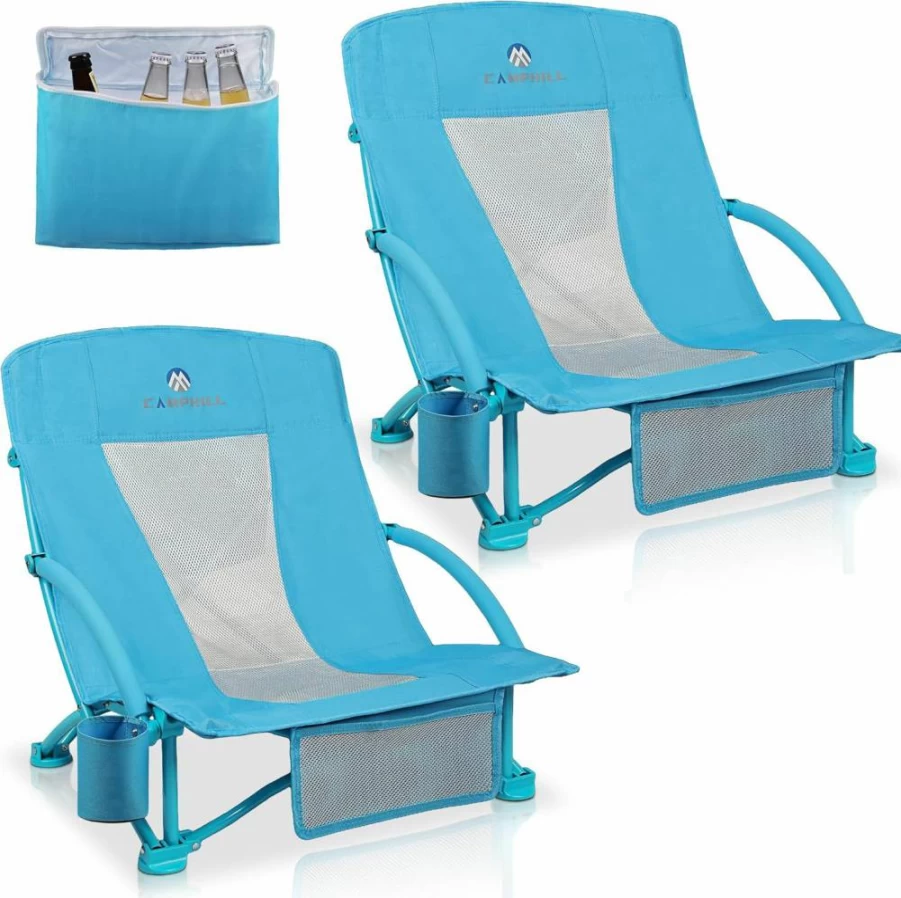 CAMPHILL Low Beach Chairs 2 Pack - Portable Folding Lounge Chairs with Mesh Back, Cup Holder & Carry Bag for Outdoor, Camping, Picnic, Travel (Yellow)