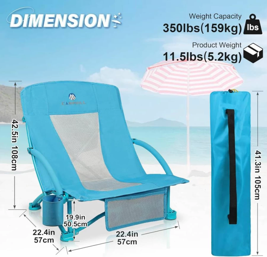 CAMPHILL Low Beach Chairs 2 Pack - Portable Folding Lounge Chairs with Mesh Back, Cup Holder & Carry Bag for Outdoor, Camping, Picnic, Travel (Yellow)