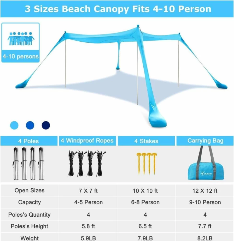 COMMOUDS UPF50+ Beach Tent with Aluminum Poles - Portable Pop Up Sun Shelter for Camping, Fishing, Backyard & Outdoor Activities