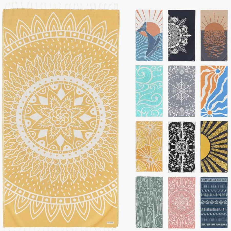 FESHKA Oversized 100% Organic Turkish Cotton Beach Towel - 37x67 Inch Quick Dry, Sand Free, Lightweight Travel Blanket for Beach, Pool, Yoga (Navy Blue - Frozen Collection)