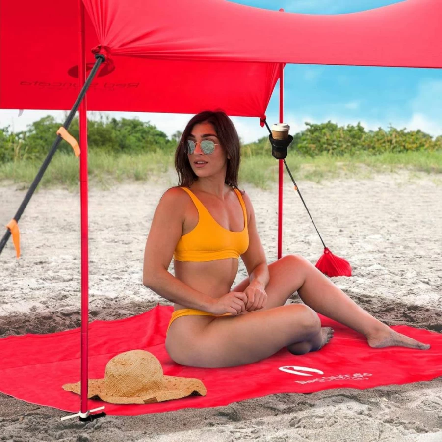 Red Suricata Beach Tent Canopy with Sand-Free Mat, 2 Drink Holders & UPF50 Sun Shelter – Portable Family Shade for Outdoor, Camping, Pool (Medium, Red)