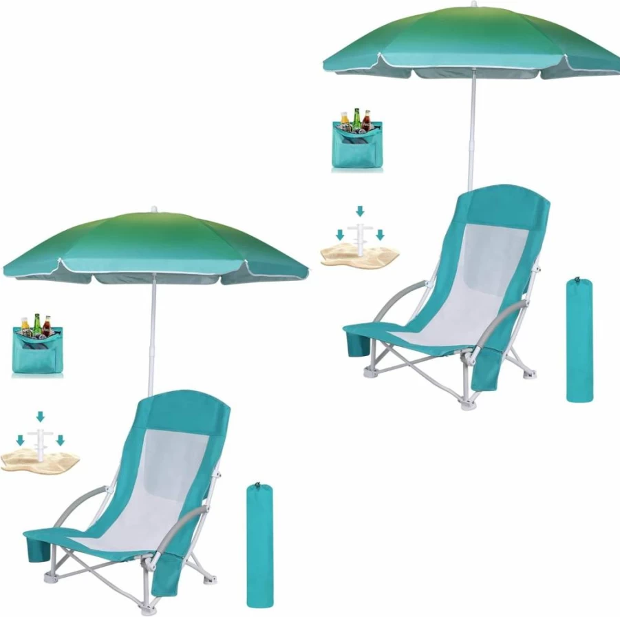 WGOS Premium Folding Beach Chair with Adjustable Umbrella & Cooler Bag - Lightweight Portable High Back Camping Chair for Adults, Outdoor, Beach, Park - Bright Green with Blue Accents