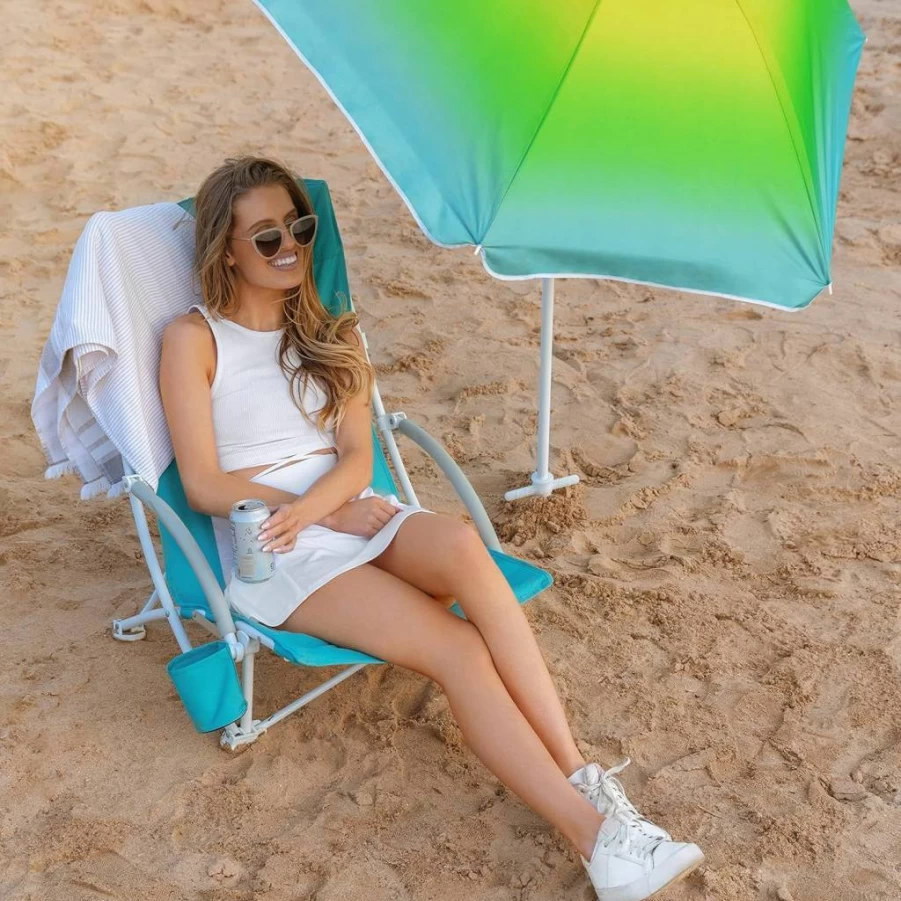 WGOS Premium Folding Beach Chair with Adjustable Umbrella & Cooler Bag - Lightweight Portable High Back Camping Chair for Adults, Outdoor, Beach, Park - Bright Green with Blue Accents