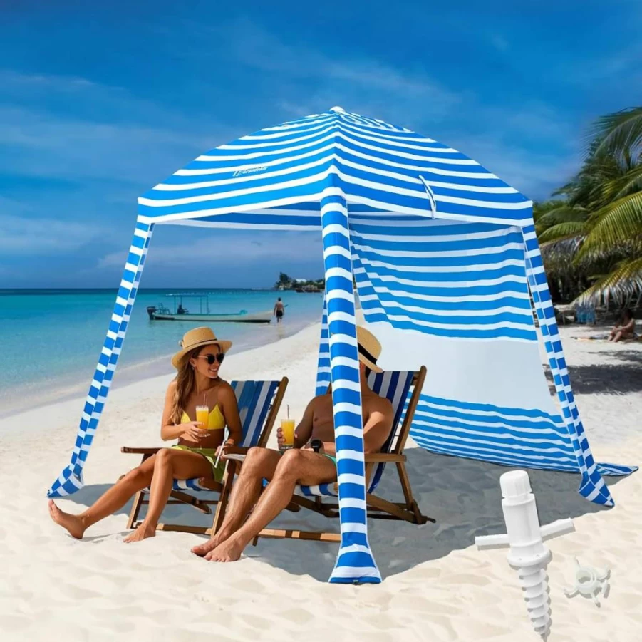 Grandekor UPF 50+ Beach Cabana Tent with Sand Anchor, Portable Sun Shelter for Family Outdoor Trips, 6' x 6' Lightweight Canopy with Sidewall & Hanging Hook