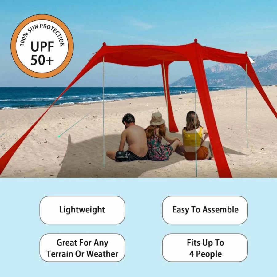 Tigsport 10x10 Ft Pop Up Beach Canopy Tent - Portable Sun Shelter with Carry Bag, Sand Pegs & Windproof Ropes for Outdoor, Picnic, Fishing - Easy Setup Family Shade