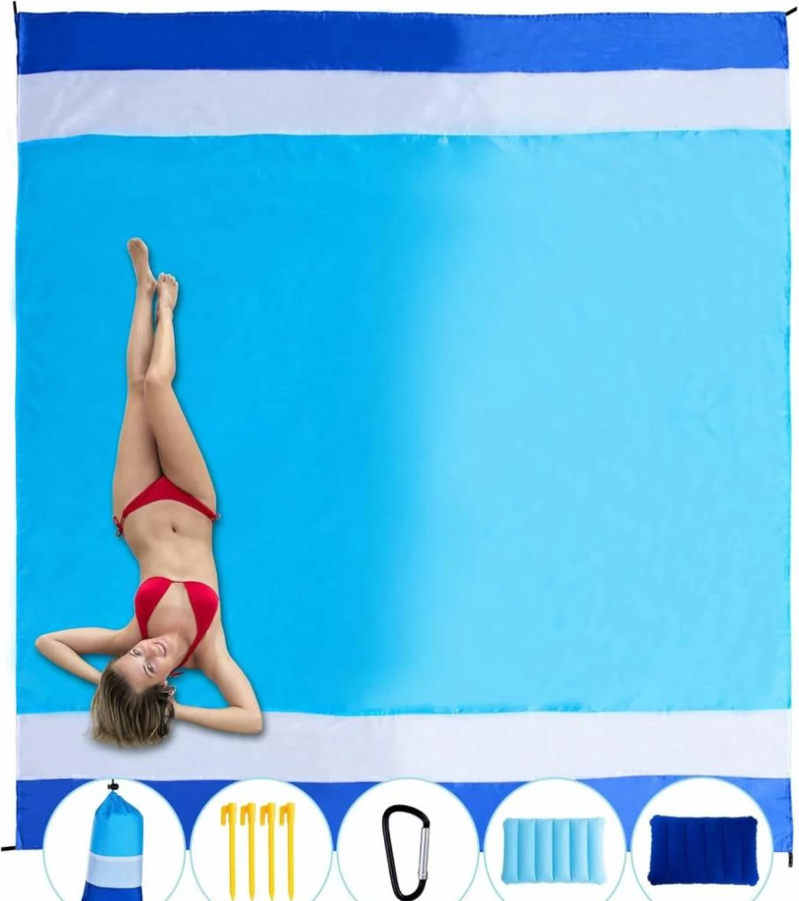 Best Season Extra Large Beach Blanket - Sandproof, Waterproof, Lightweight & Portable for Camping, Picnic, Travel - 79"x83" Mat with Pillow, 4 Stakes & Corner Pockets - Fits 1-4 Adults