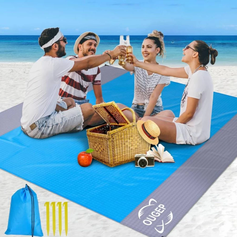 OUGEP Waterproof Beach Blanket 79x83 Inches - Sand Free, Lightweight Picnic Mat for 4-7 Adults, Perfect for Travel, Camping, Hiking & Outdoor Activities