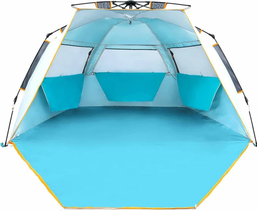 WolfWise 4-5 Person Instant Beach Tent with UPF 50+ Sun Protection, Portable Pop-Up Sun Shelter Canopy, Lightweight Blue Outdoor Umbrella with Zippered Porch