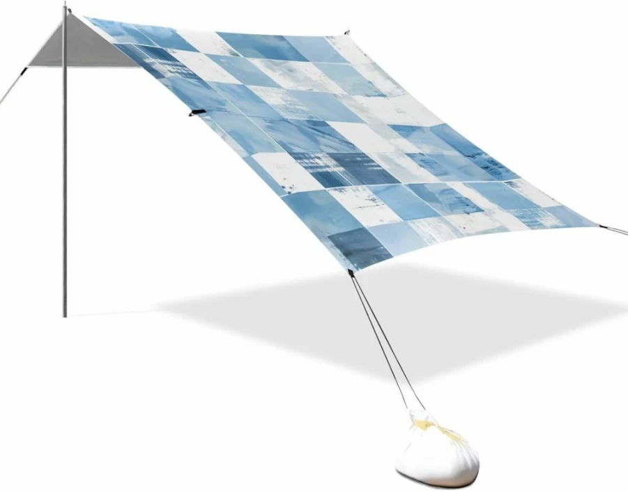 EtherSpher UPF50+ Lightweight Beach Tent - Light Blue White Checkered Sun Shelter with Sandbags, Shovel & Poles for Camping, Picnics, Fishing