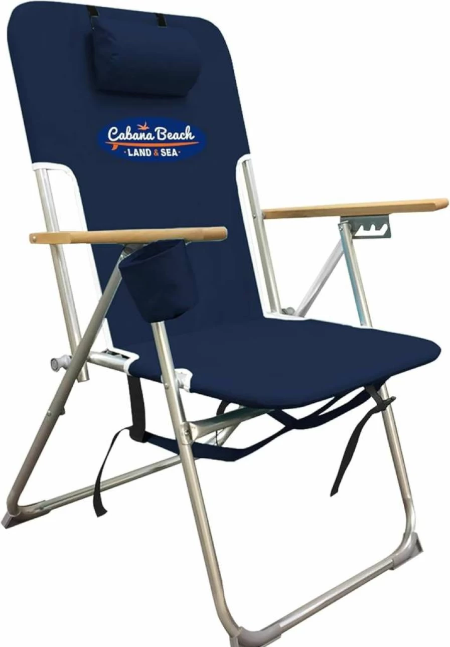 Cabana Beach 4-Position Folding Beach Chair with Headrest, Cup Holder & Wooden Armrests - Portable Backpack Design in Estate Navy Blue