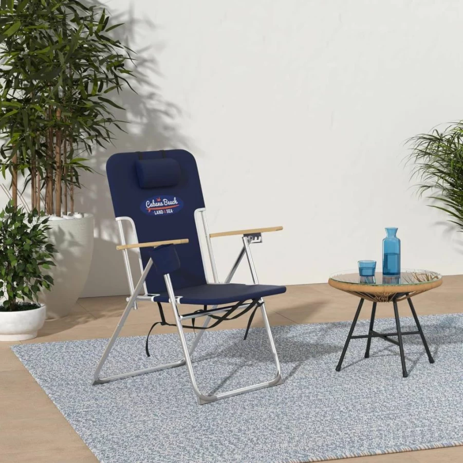Cabana Beach 4-Position Folding Beach Chair with Headrest, Cup Holder & Wooden Armrests - Portable Backpack Design in Estate Navy Blue