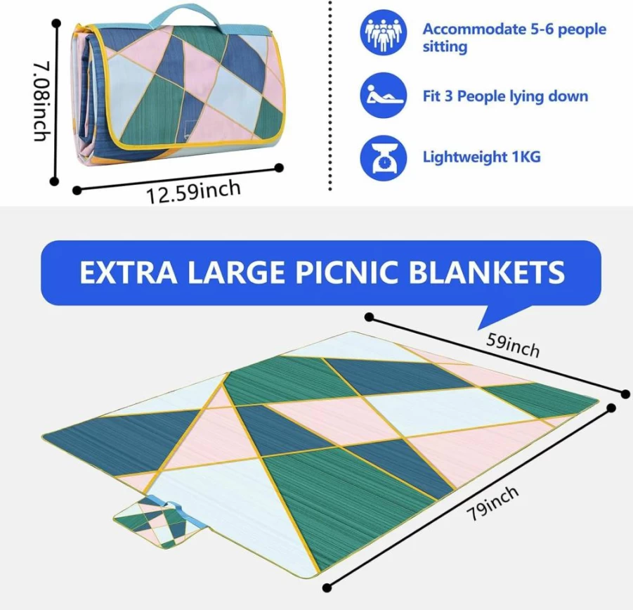 DanCoom Waterproof Picnic Blanket - Extra Large Sandproof Foldable Outdoor Mat for Beach, Park, Camping, Hiking, Travel & Concerts
