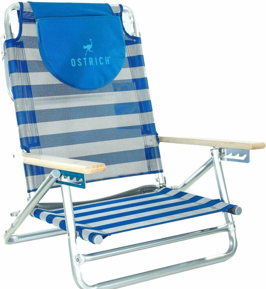 Ostrich Blue Stripe Beach Recliner Chair with Carry Strap - Portable Outdoor Lounge Chair for Pool, Camping, Backyard & South Beach