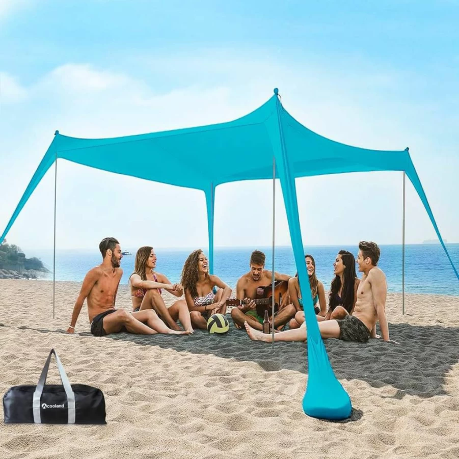 Roveinsia 10x10ft Beach Tent Sun Shelter with 4 Aluminum Poles, Sand Shovel, Ground Pegs & Carry Bag - Portable Pop Up Canopy for Camping, Fishing, Picnics & Backyard