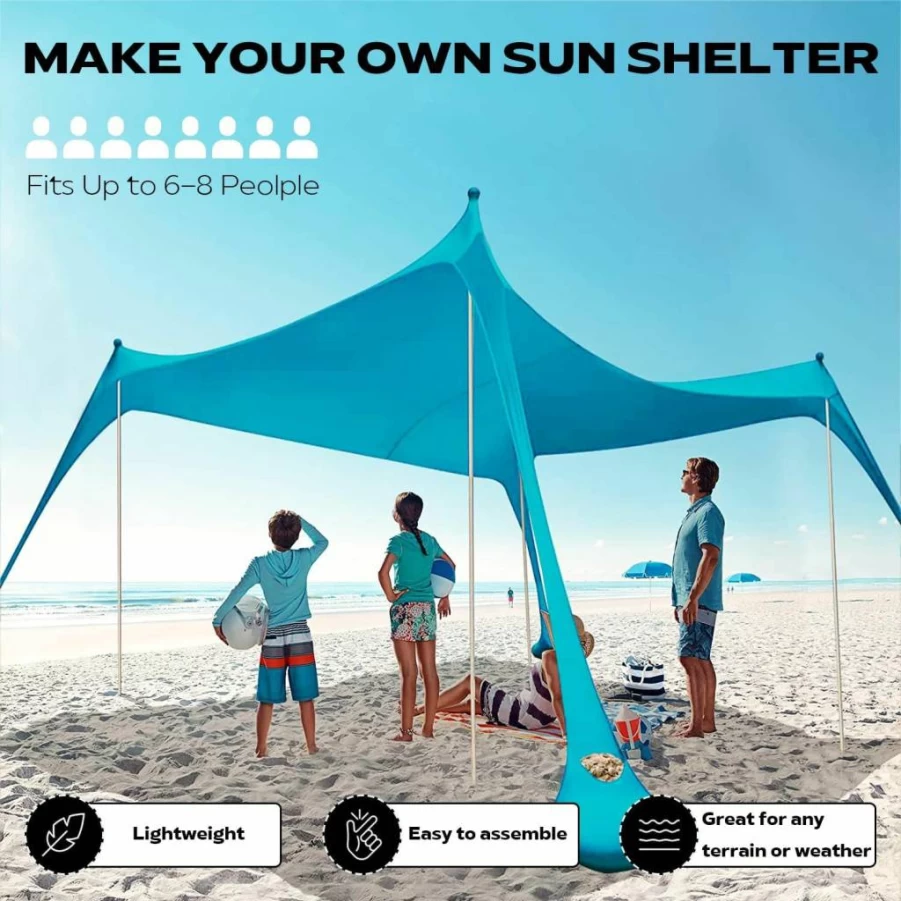 Roveinsia 10x10ft Beach Tent Sun Shelter with 4 Aluminum Poles, Sand Shovel, Ground Pegs & Carry Bag - Portable Pop Up Canopy for Camping, Fishing, Picnics & Backyard