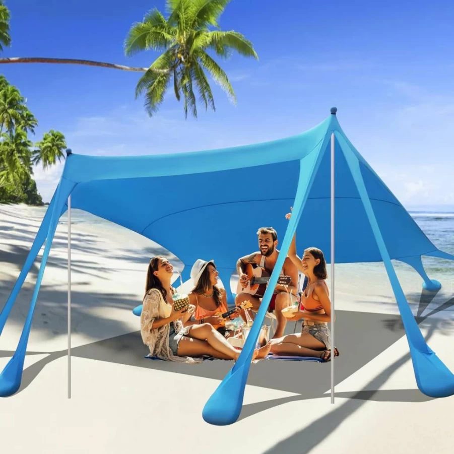 Ascendtide 10x10 FT Beach Tent Sun Shelter with UPF 50+ Protection, Windproof Canopy, 8 Sandbags, 4 Stability Poles & Sand Shovel, Easy Setup for Outdoor Camping and Beach Shade