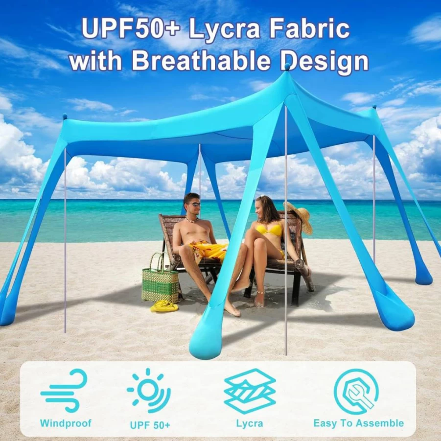 Ascendtide 10x10 FT Beach Tent Sun Shelter with UPF 50+ Protection, Windproof Canopy, 8 Sandbags, 4 Stability Poles & Sand Shovel, Easy Setup for Outdoor Camping and Beach Shade