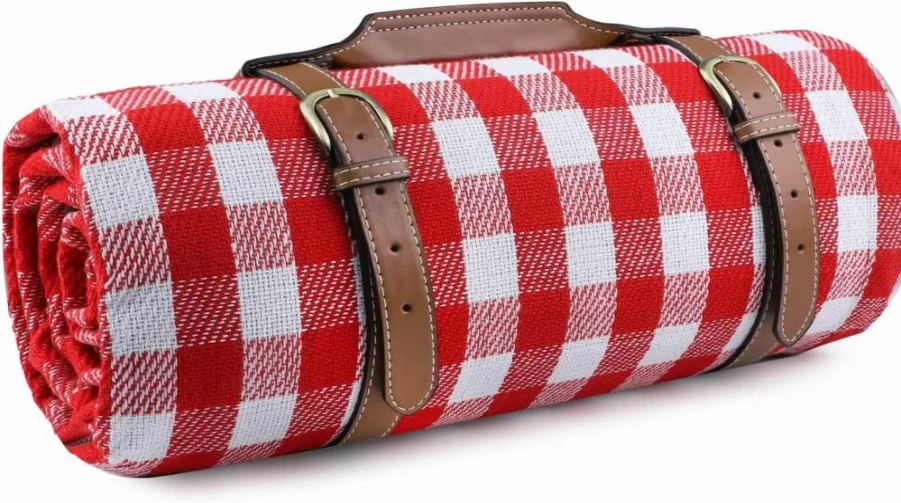 RealPero Extra Large Waterproof Picnic Blanket - Portable Camping Mat for Outdoor Travel, Beach, Lawn, and Grass, Sand-Proof, Lightweight, Includes PU Carrier, Red White Plaid Design