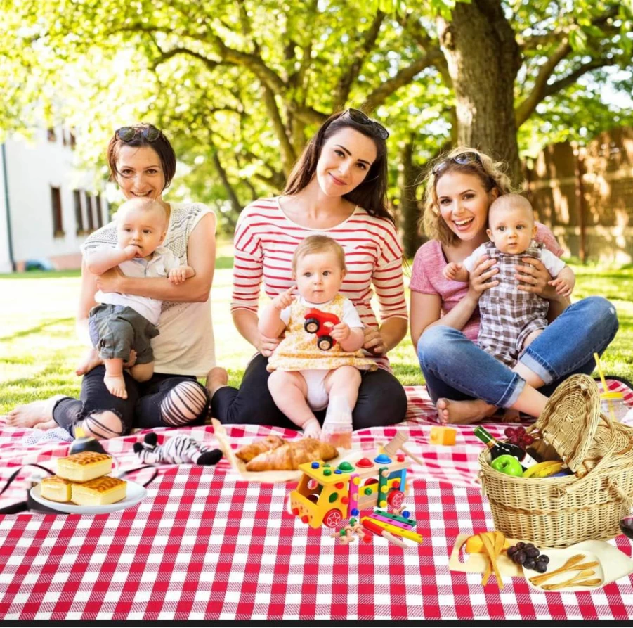 RealPero Extra Large Waterproof Picnic Blanket - Portable Camping Mat for Outdoor Travel, Beach, Lawn, and Grass, Sand-Proof, Lightweight, Includes PU Carrier, Red White Plaid Design
