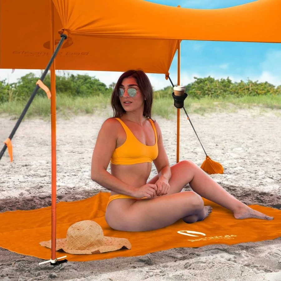 Red Suricata Family Beach Tent with UPF 50 Sun Protection, Sand-Free Mat & 2 Cup Holders - Portable UV Shade Shelter for Outdoor, Orange Large Canopy