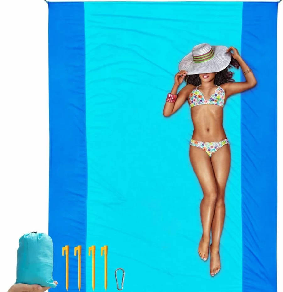 Aocktobar Extra Large Sandproof Beach Blanket 106"x83" - Lightweight, Quick-Drying Picnic Mat for Camping, Hiking & Travel with Pockets, Compact Oversized Mat