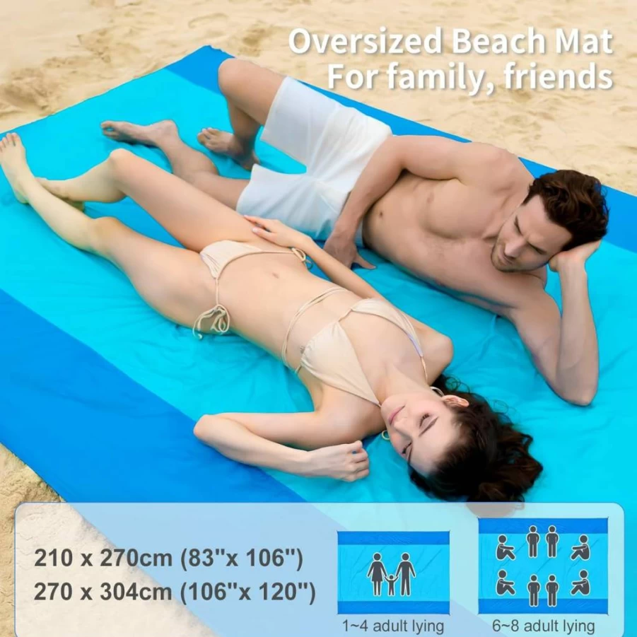 Aocktobar Extra Large Sandproof Beach Blanket 106"x83" - Lightweight, Quick-Drying Picnic Mat for Camping, Hiking & Travel with Pockets, Compact Oversized Mat