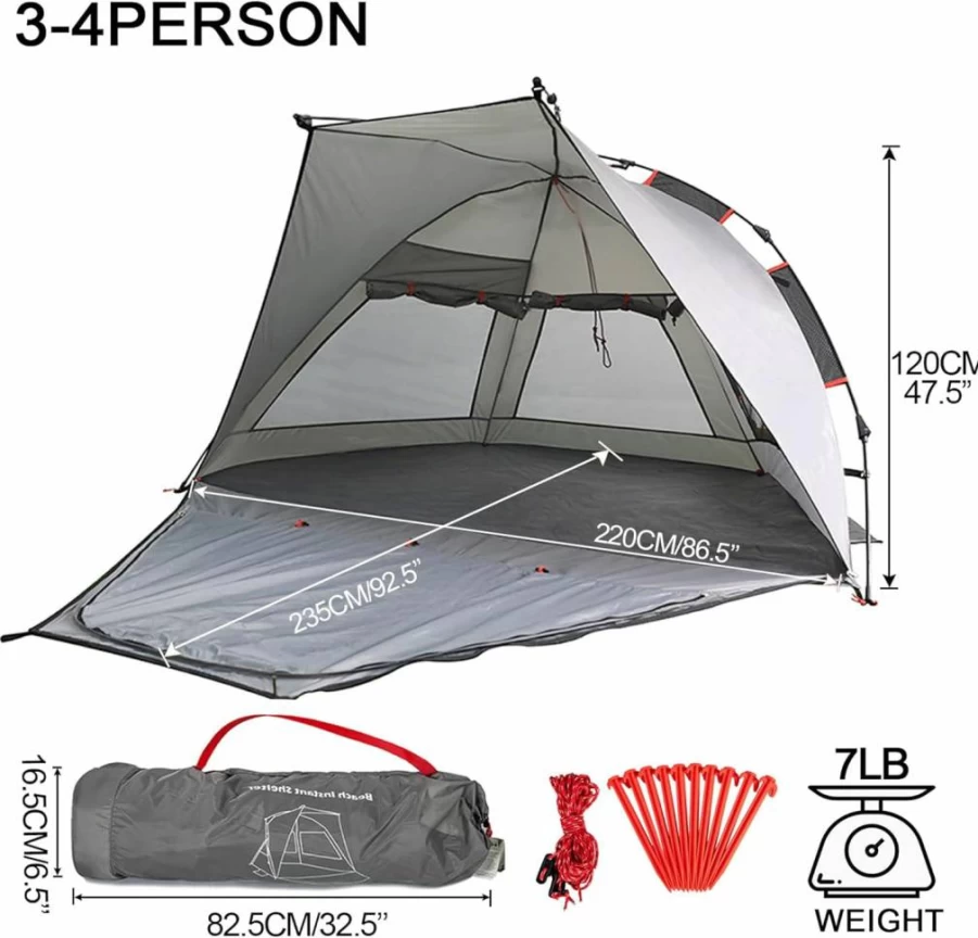 Apollo Walker 3-4 Person Beach Tent – UPF 50+ Sun Shelter, Waterproof & Windproof, Easy Setup Portable Canopy with Sand Pockets, Stakes, Extended Floor for Camping, Fishing, Picnic Outdoor Activities