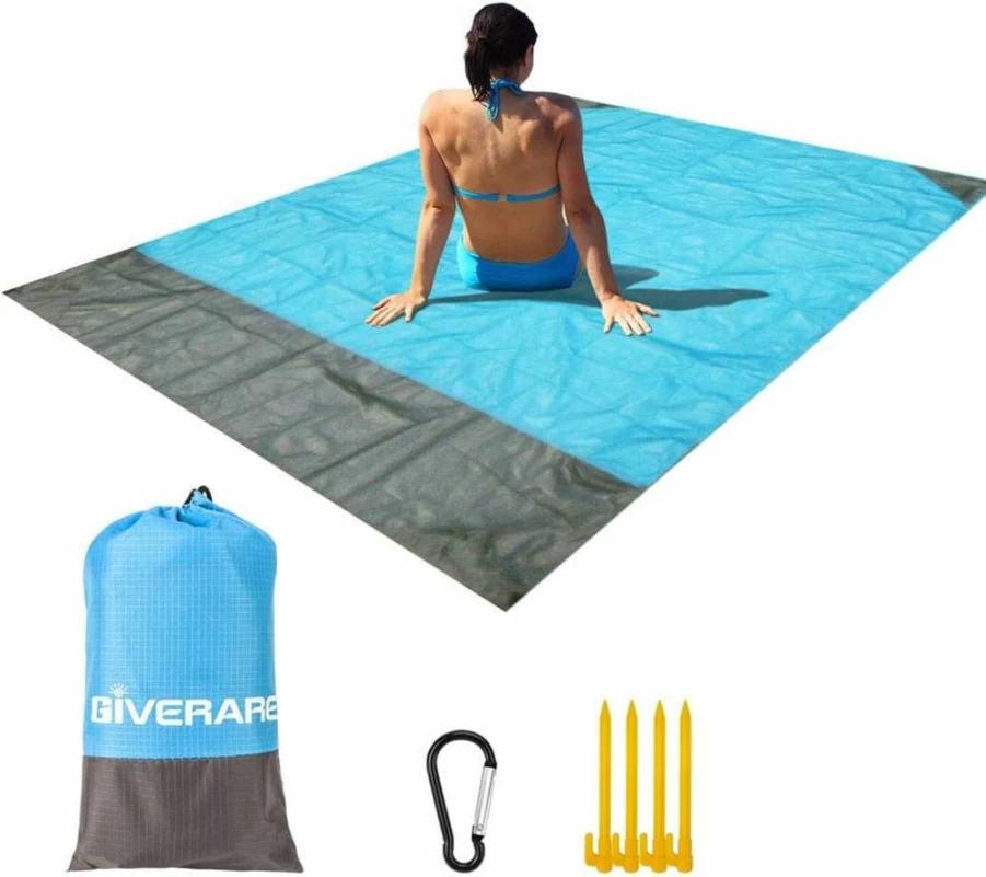 GIVERARE Waterproof Sand-Free Beach Blanket - Quick Dry Outdoor Picnic Mat with 4 Stakes & Corner Pockets for Camping, Hiking, Travel, and Festivals