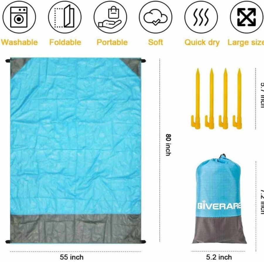 GIVERARE Waterproof Sand-Free Beach Blanket - Quick Dry Outdoor Picnic Mat with 4 Stakes & Corner Pockets for Camping, Hiking, Travel, and Festivals