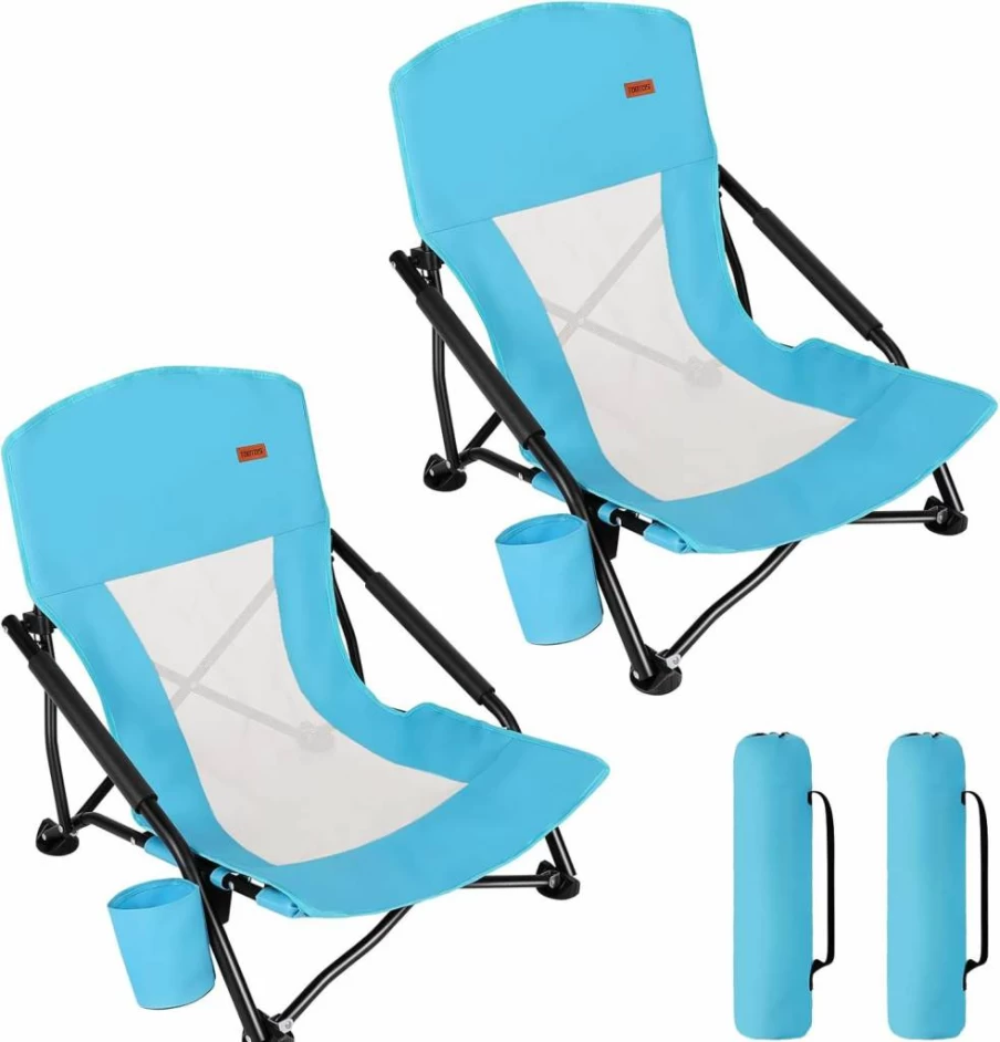 TOBTOS 2-Pack Low Beach Chairs for Adults - Heavy Duty Folding Lounge Chairs with Cup Holder & Carry Bag for Outdoor, Camping, Concert, Travel